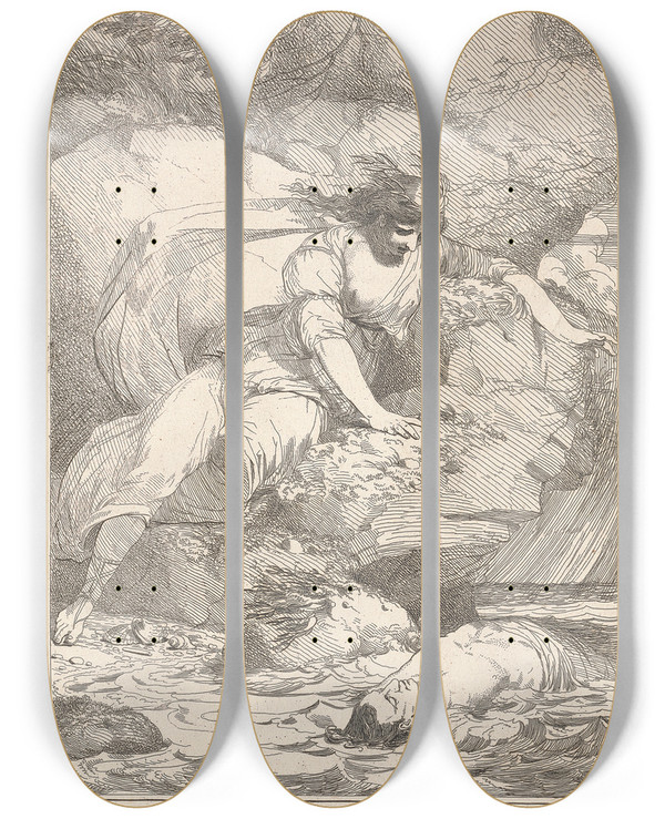 Triptych art skateboard deck of John Hamilton Mortimer Elegy by John Hamilton Mortimer (1740-1779)