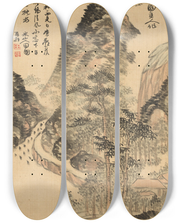 Triptych art skateboard deck of Okada Beisanjin Short Nap On A Long Summer Day by Okada Beisanjin (1744-1820)