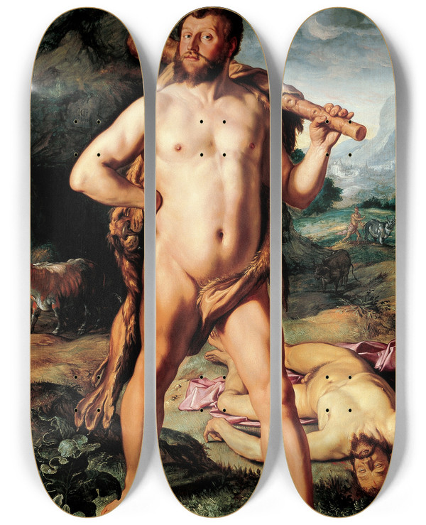 Triptych art skateboard deck of Hendrick Goltzius Hercules And Cacus by Hendrick Goltzius (1558-1617)