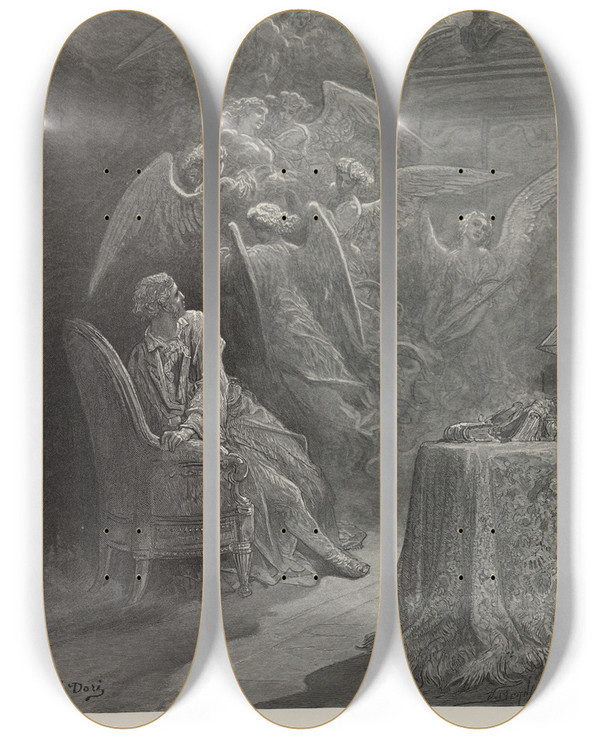Triptych art skateboard deck of Gustave Dor The Raven Pl19 by Gustave Dore (1832-1883)