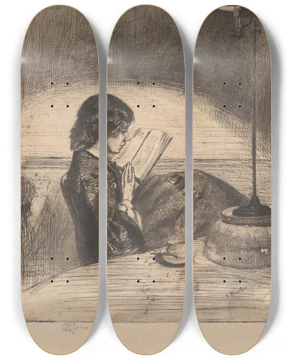 Triptych art skateboard deck of James Abbott Mcneill Whistler Reading By Lamplight_2 by James Abbott Mcneill Whistler (1834-1903)