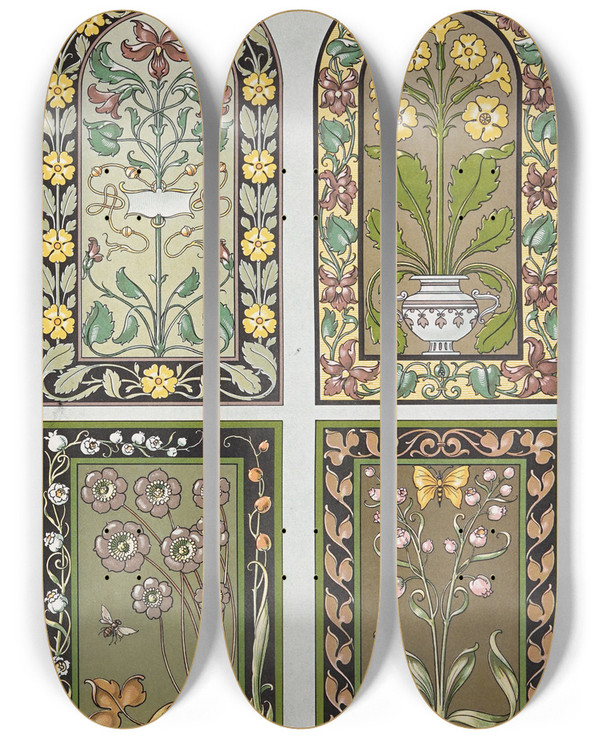 Triptych art skateboard deck of Anton Seder Die Pflanze In Kunst Und Gewerbe Pl012 by Anton Seder (1850-1916)