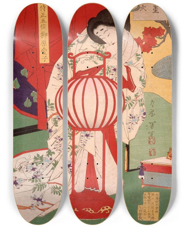 Triptych art skateboard deck of Tsukioka Yoshitoshi Fire In The Lamp Stand by Tsukioka Yoshitoshi (1839-1892)