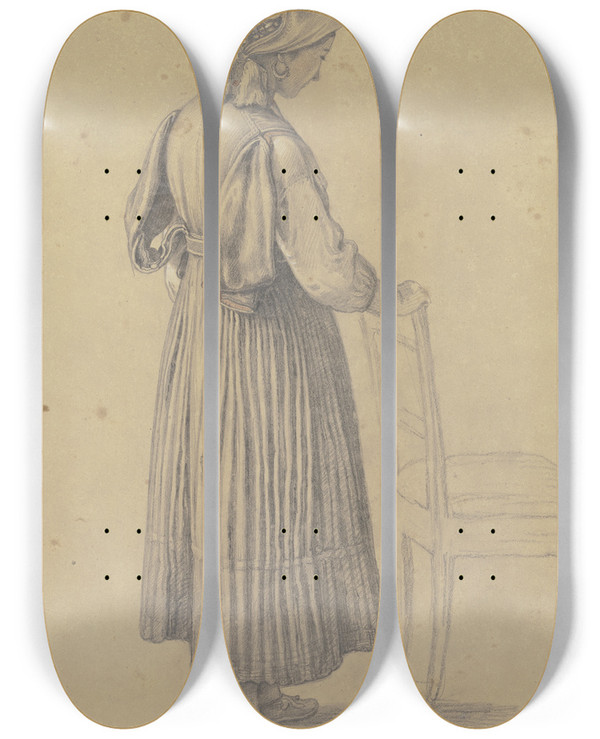 Triptych art skateboard deck of Benjamin Vautier Bauernmdchen Im Verlorenen Profil An Einem Stuhl Stehend by Benjamin Vautier (1829-1898)