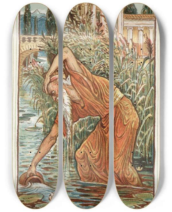 Triptych art skateboard deck of Walter Crane Midas With The Pitcher by Walter Crane (1845-1915)