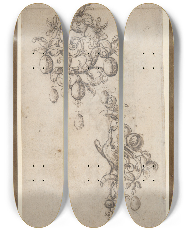 Triptych art skateboard deck of Daniel Mignot Two Designs For Brooches With Pearl Drops by Daniel Mignot (1593-1596)
