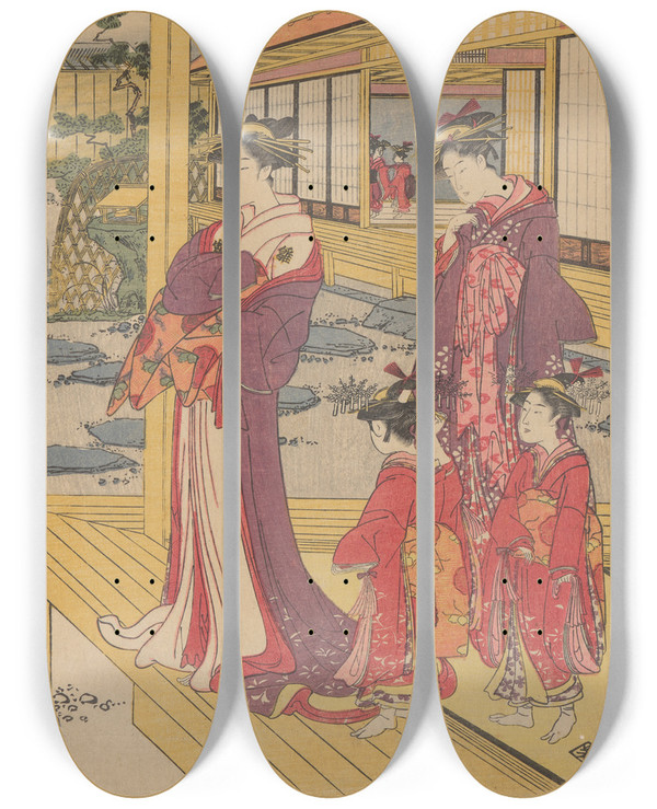 Triptych art skateboard deck of Toyokuni Utagawa Courtesans And Attendants by Toyokuni Utagawa (1769-1825)