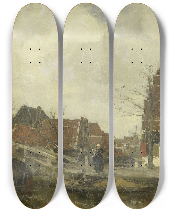 Triptych art skateboard deck of Jacob Maris Oud Buurtje Aan Het Water by Jacob Maris (1837-1899)