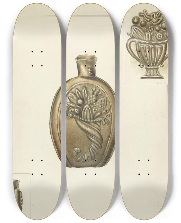 Triptych art skateboard deck of Howard H Sherman Flask by Howard H Sherman