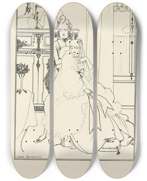 Triptych art skateboard deck of Aubrey Vincent Beardsley Under The Hill Pl08 by Aubrey Vincent Beardsley (1872-1898)