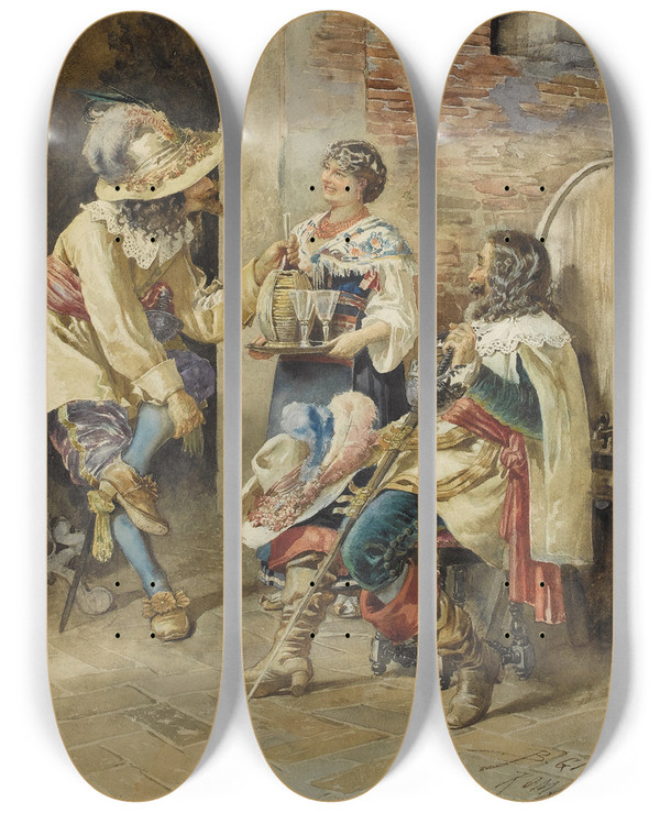 Triptych art skateboard deck of Belisario Gioia The Flirt by Belisario Gioja (1829-1906)