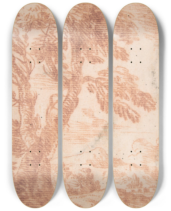 Triptych art skateboard deck of Aureliano Milani Distant Landscape With Tree In Foreground by Aureliano Milani (1675-1749)