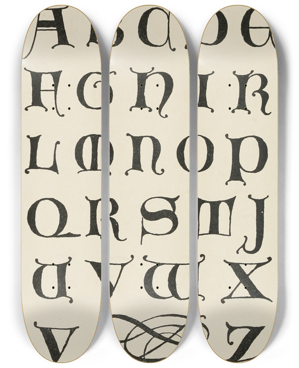 Triptych art skateboard deck of Frank Chouteau Brown Uncial Gothic Initials 3 by Frank Chouteau Brown (1876-1947)