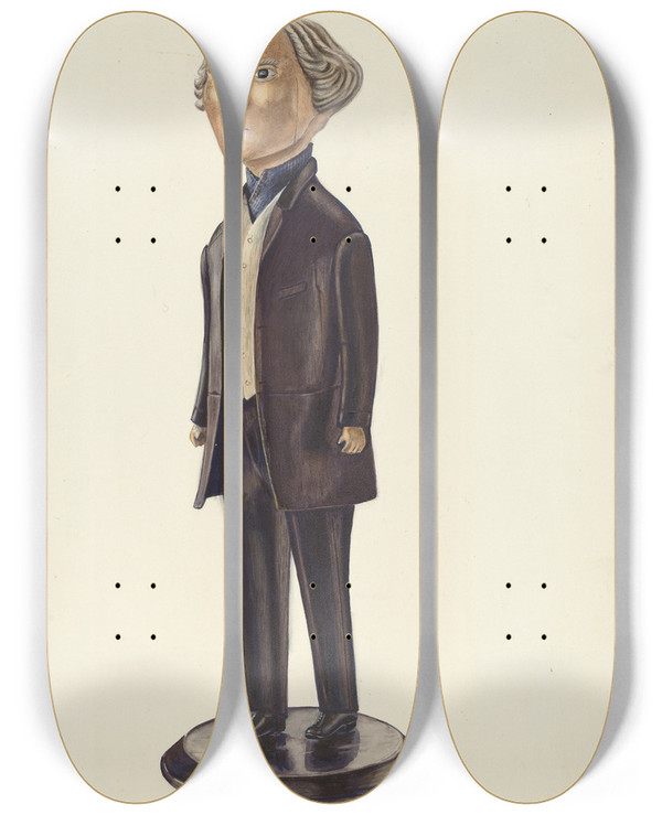 Triptych art skateboard deck of Frank Mcentee Carved Figure Possibly A Tailors Shop Sign by Frank Mcentee