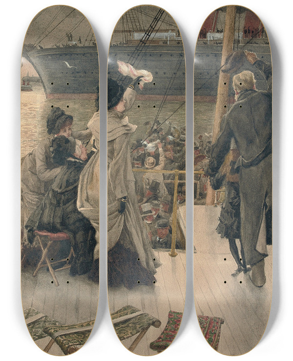 Triptych art skateboard deck of James Tissot Goodbye On The Mersey_2 by James Tissot (1836-1902)