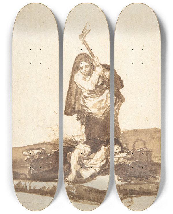 Triptych art skateboard deck of Francisco De Goya A Woman About To Attack A Sleeping Man With An Axe by Francisco de Goya (1746-1828)