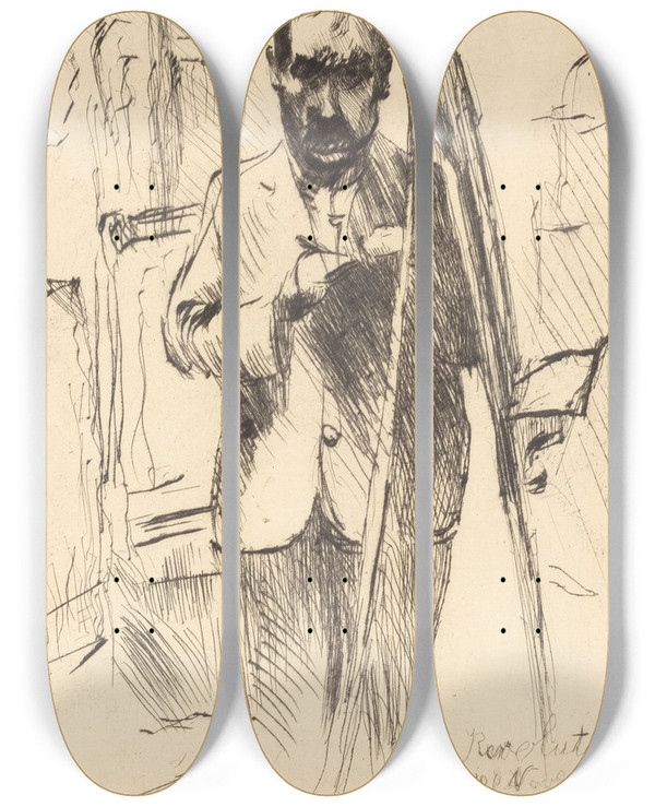 Triptych art skateboard deck of Lovis Corinth Selfportrait With Easel by Lovis Corinth (1858-1925)