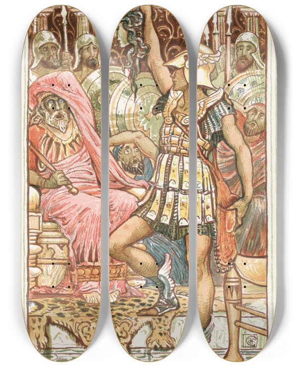 Triptych art skateboard deck of Walter Crane Perseus Showing The Gorgons Head by Walter Crane (1845-1915)