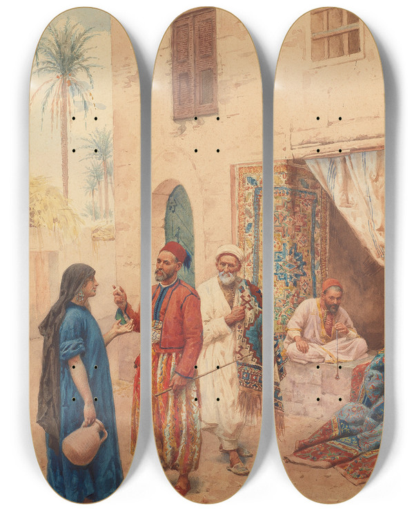 Triptych art skateboard deck of Giulio Rosati At A Carpet Bazaar by Giulio Rosati (1858-1917)