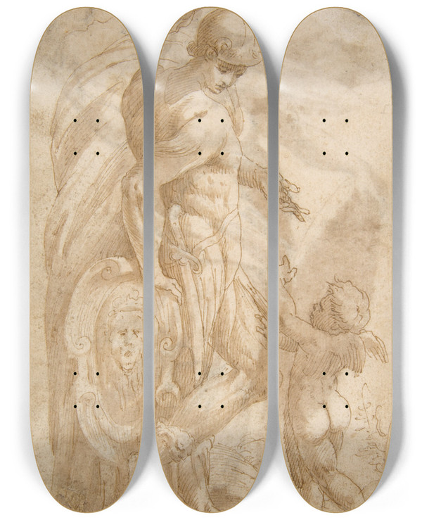 Triptych art skateboard deck of Andrea Schiavone Mars And Cupid by Andrea Schiavone (1500-1563)