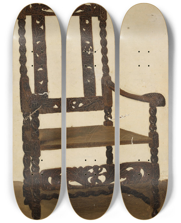 Triptych art skateboard deck of Jean Lulvs Study Of A Renaissance Armchair by Jean Lulves (1833-1889)