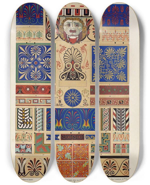 Triptych art skateboard deck of Auguste Racinet Grec 2 by Auguste Racinet (1825-1893)