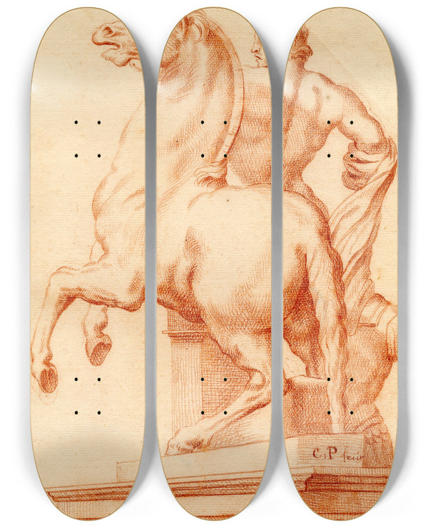 Triptych art skateboard deck of Cornelis Pronk Beeld Van Een Der Dioscuri Met Een Paard_2 by Cornelis Pronk (1691-1759)