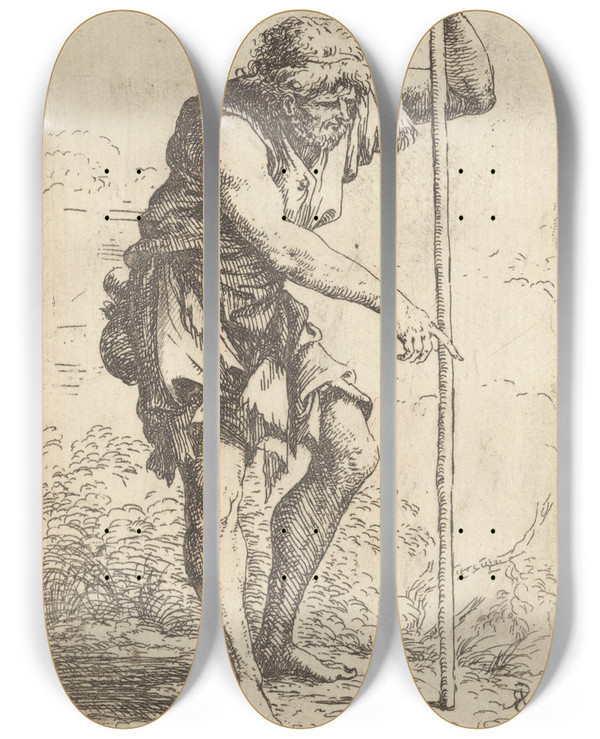 Triptych art skateboard deck of Salvator Rosa Peasant With Staff by Salvator Rosa (1615-1673)