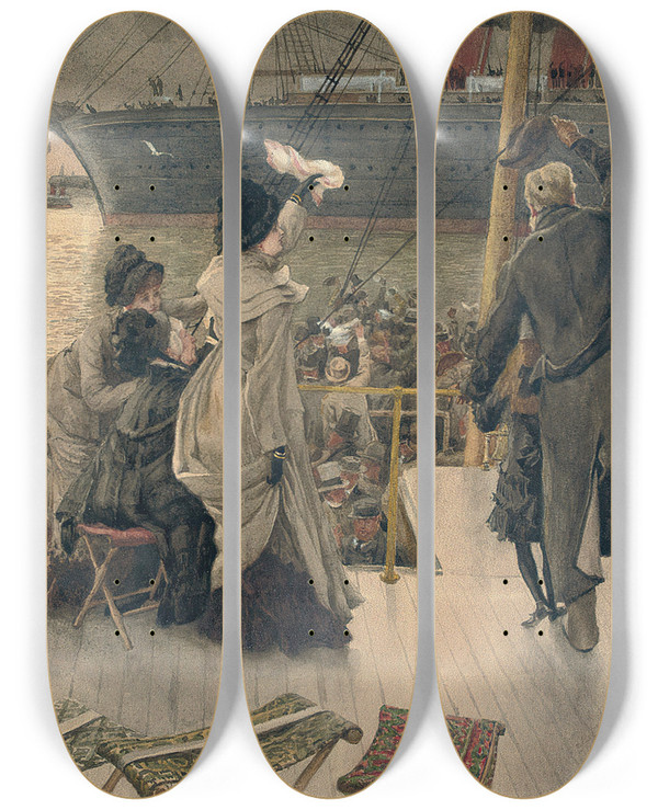 Triptych art skateboard deck of James Tissot Goodbye On The Mersey_1 by James Tissot (1836-1902)