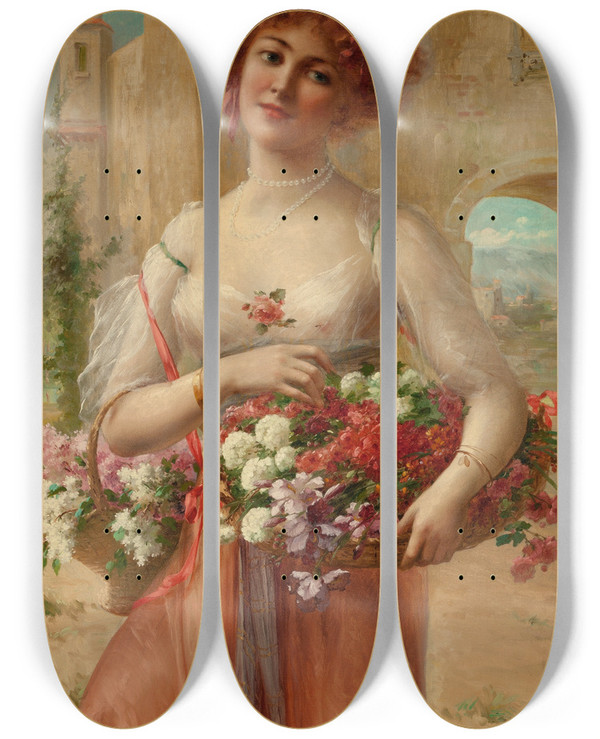 Triptych art skateboard deck of Emile Vernon Aux Roses by Emile Vernon (1872-1920)