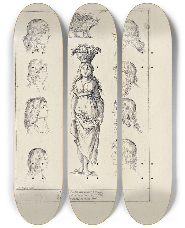 Triptych art skateboard deck of Giuseppe Maria Mitelli Alfabeto In Sogno Pl10 by Giuseppe Maria Mitelli (1634-1718)