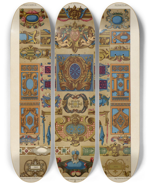 Triptych art skateboard deck of Auguste Racinet Renaissance 8 by Auguste Racinet (1825-1893)