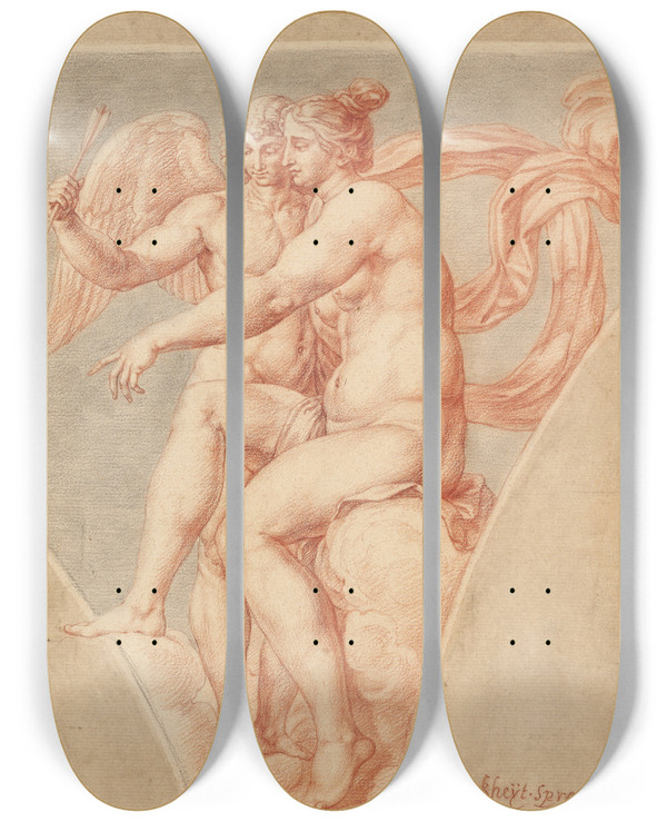Triptych art skateboard deck of Pieter Van Lint Venus And Cupid After Raphael by Pieter Van Lint (1609-1690)