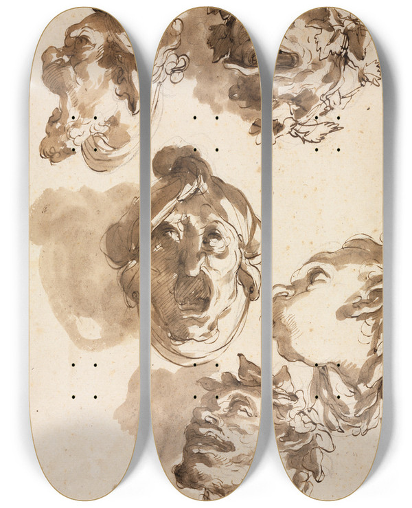 Triptych art skateboard deck of Gaetano Gandolfi Five Grotesque Heads by Gaetano Gandolfi (1734-1802)