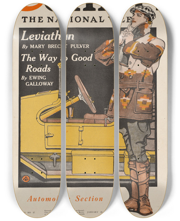 Triptych art skateboard deck of Edward Penfield Colliers Automobile Section Colliers For January 10 by Edward Penfield (1866-1925)