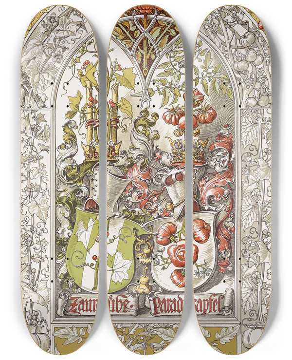 Triptych art skateboard deck of Anton Seder Die Pflanze In Kunst Und Gewerbe Pl088 by Anton Seder (1850-1916)