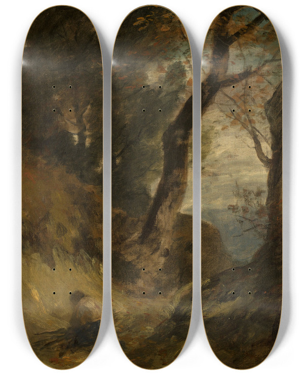 Triptych art skateboard deck of Ludwig Willroider Autumn Landscape by Ludwig Willroider (1845-1910)