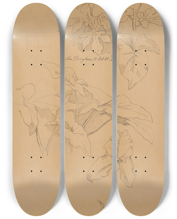 Triptych art skateboard deck of Johan Thomas Lundbye Bladstudier Bla Af En Kala Verst Blyantskrads Af Fronton by Johan Thomas Lundbye (1818-1848)