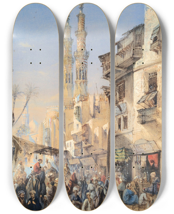 Triptych art skateboard deck of Louisamable Crapelet A Street In Cairo by Louis-Amable Crapelet (1822-1867)