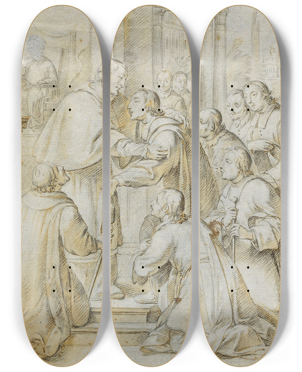 Triptych art skateboard deck of Antoni Viladomat Saint Bruno Meets Bishop Hugh Of Cologne by Antoni Viladomat (1678-1755)