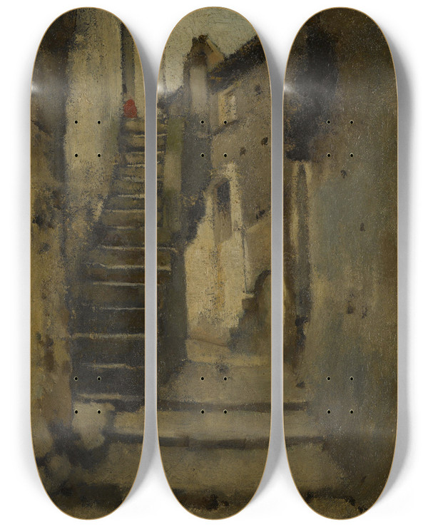 Triptych art skateboard deck of Jeanjacques Henner Escalier Dans Une Ruelle Rome by Jean-Jacques Henner (1829-1905)