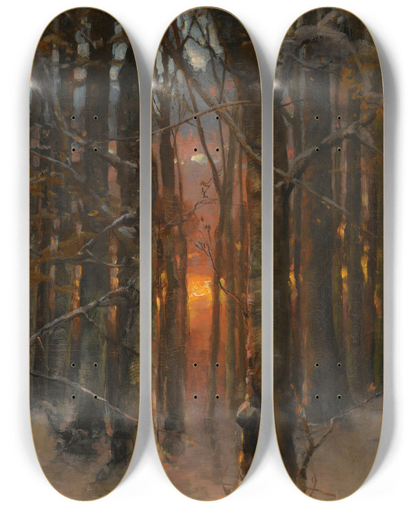 Triptych art skateboard deck of Julius Sergius Klever Sunset Through The Trees by Julius Sergius Klever (1850-1924)