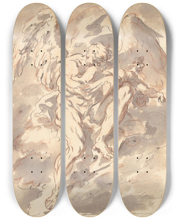 Triptych art skateboard deck of Gaspare Diziani Saturn On Clouds by Gaspare Diziani (1689-1767)