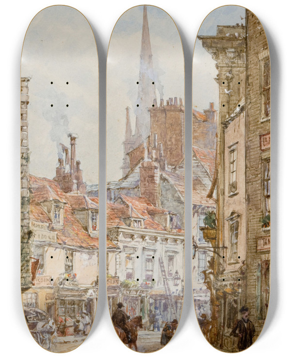 Triptych art skateboard deck of Louise Rayner View Of Cambridge by Louise Rayner (1829-1924)