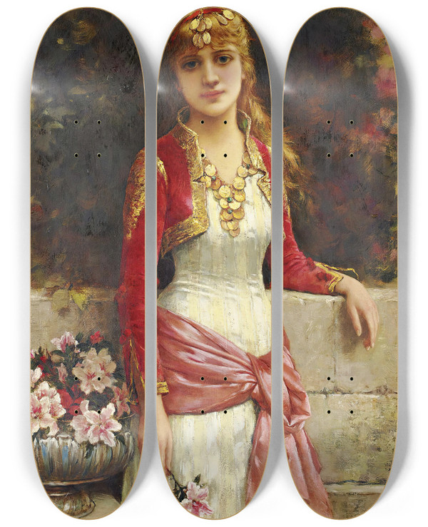 Triptych art skateboard deck of Emile Eismansemenowsky The Young Beauty by Emile Eisman-Semenowsky (1853-1918)