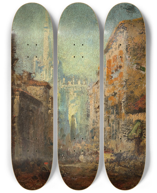 Triptych art skateboard deck of Flix Ziem Le Dme De Milan by Felix Ziem (1821-1911)