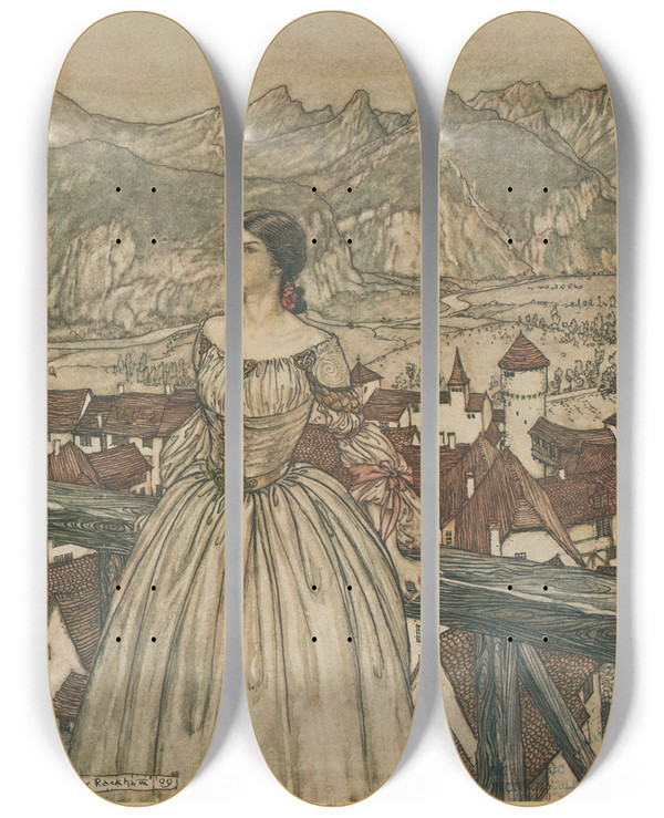 Triptych art skateboard deck of Arthur Rackham Bertalda by Arthur Rackham (1867-1939)