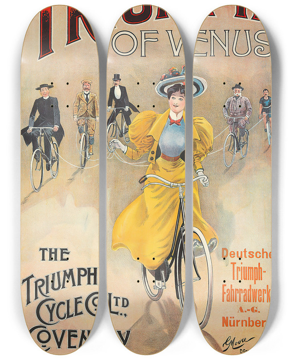 Triptych art skateboard deck of G Moore Triumph by G Moore