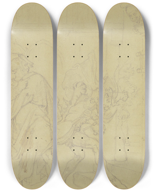 Triptych art skateboard deck of Ferdinand Fellner Faust Und Mephisto Vor Gretchens Haus by Ferdinand Fellner (1799-1859)