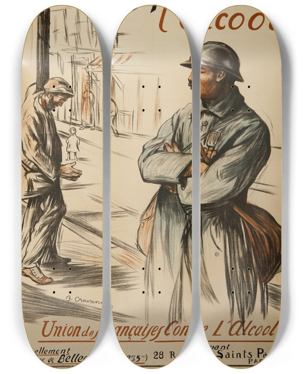 Triptych art skateboard deck of Bruno Chavannaz Ah Si Lon Avait Supprim Lalcool by Bruno Chavannaz